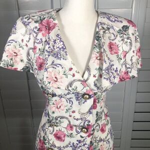 Vtg 80s Sheri Martin Petites Dress 8 Pink Flowers Shawl Collar Double Breasted